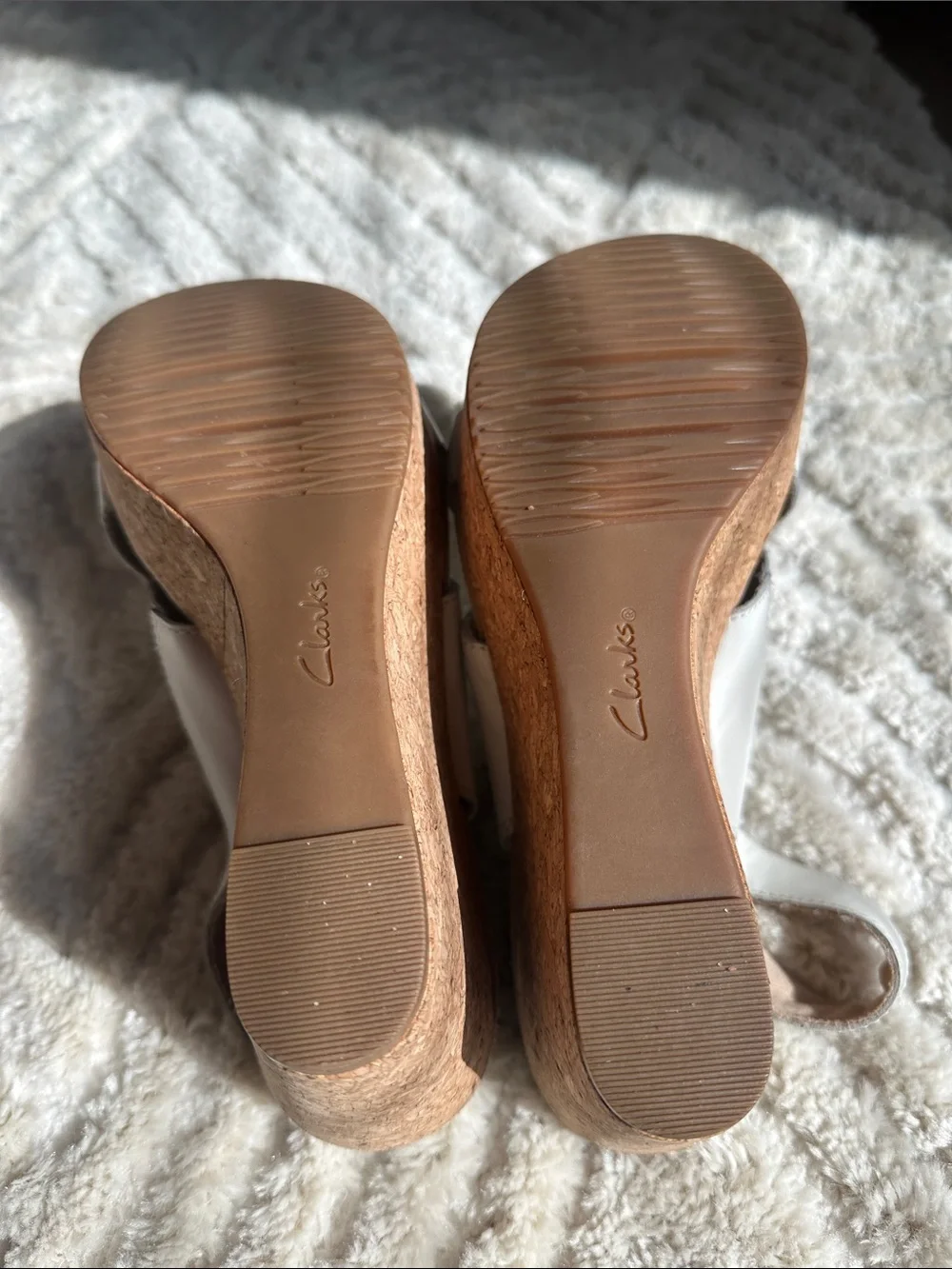 Clarks White Leather Cork Wedge Slingback Sandals